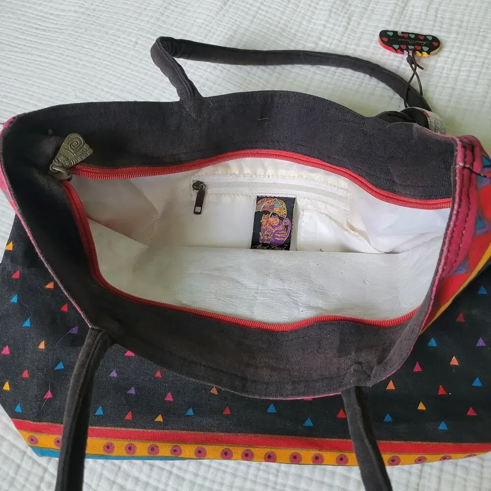 Vintage Y2K Laurel Burch Tote Bag Cats Bright Sequins Beaded 90s Artsy Colorful